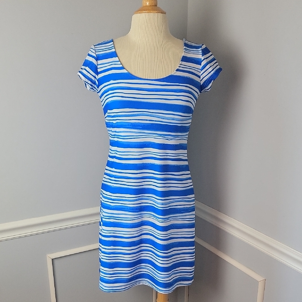 KAELI SMITH Blue White Stripe Nautical Short Sleeve Stretch Bodycon Shift Dress